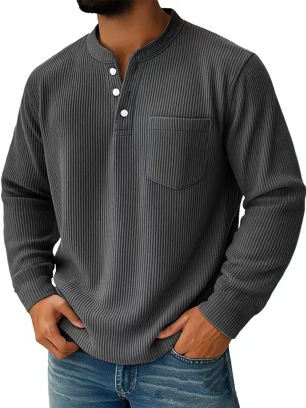 Men’s Cotton & Linen Long-Sleeve Shirt – Casual Breathable Henley