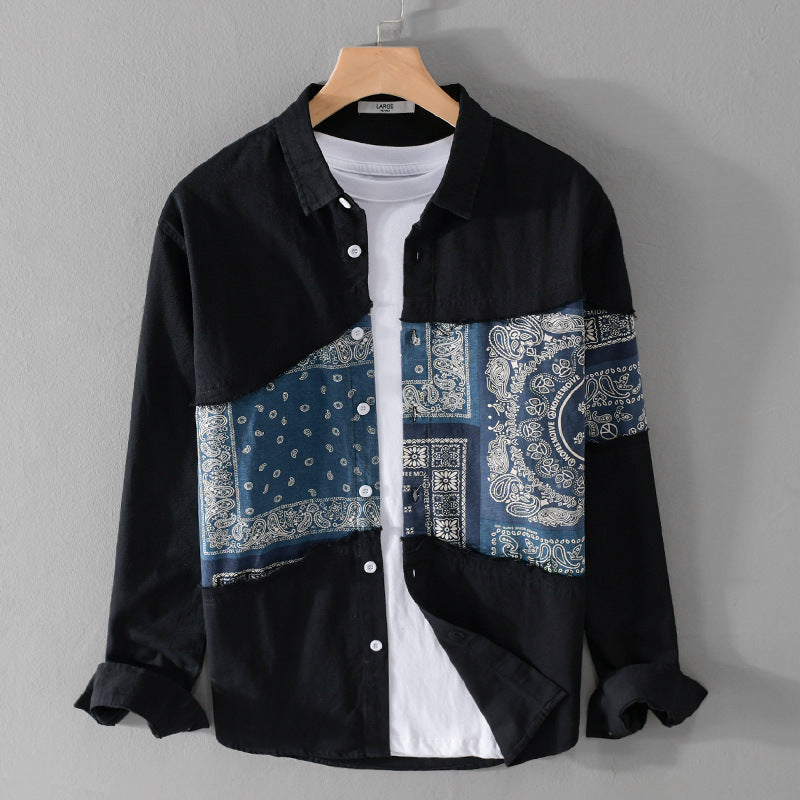 Men’s Patchwork Button-Down Shirt – Casual Street Style