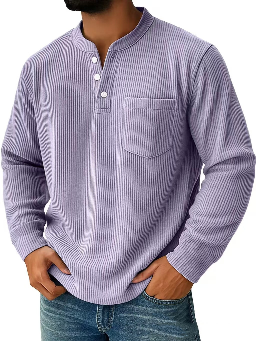 Men’s Cotton & Linen Long-Sleeve Shirt – Casual Breathable Henley