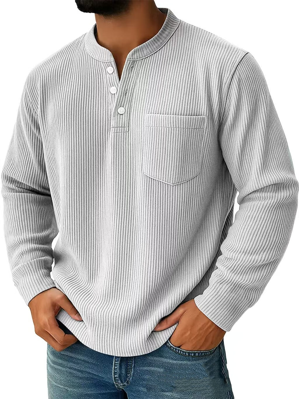 Men’s Cotton & Linen Long-Sleeve Shirt – Casual Breathable Henley