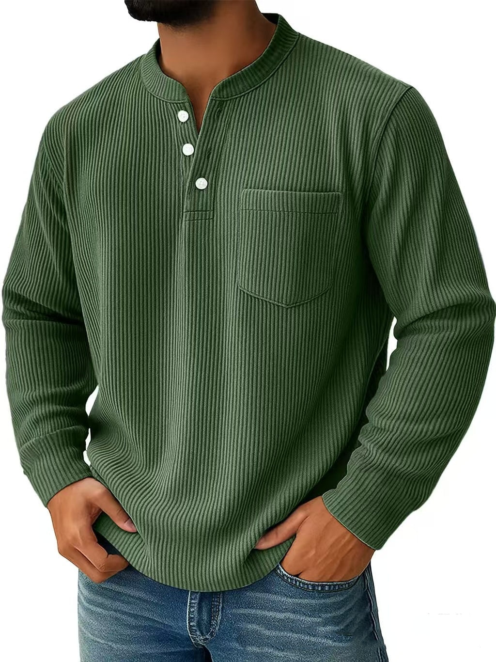Men’s Cotton & Linen Long-Sleeve Shirt – Casual Breathable Henley