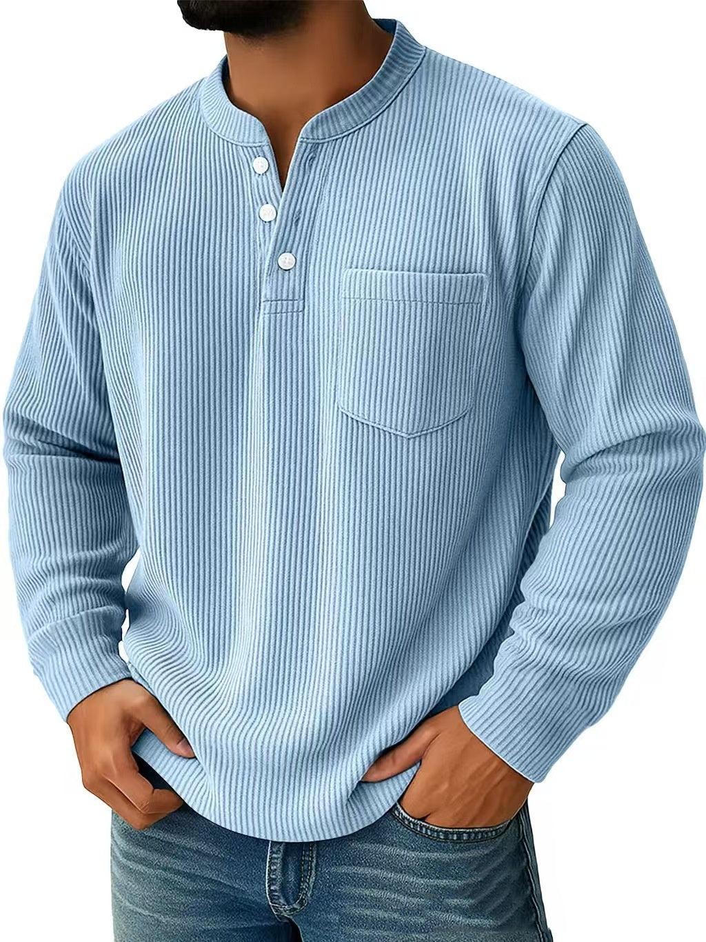 Men’s Cotton & Linen Long-Sleeve Shirt – Casual Breathable Henley