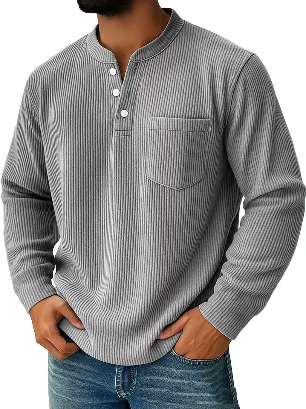 Men’s Cotton & Linen Long-Sleeve Shirt – Casual Breathable Henley