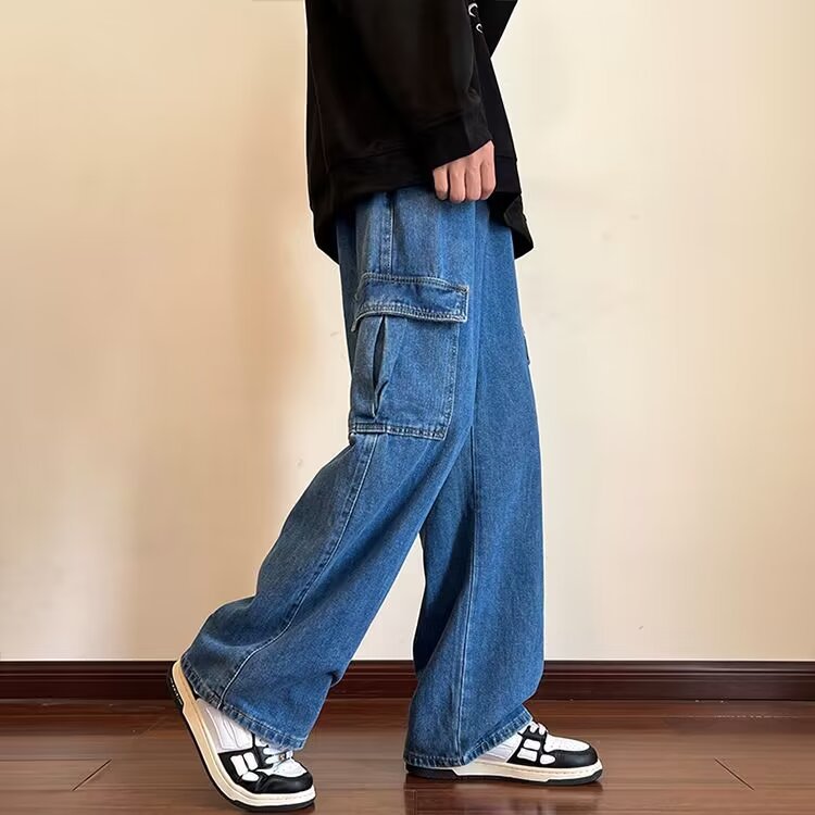 Men’s Wide Leg Cargo Jeans – Loose Fit Streetwear Denim Pants