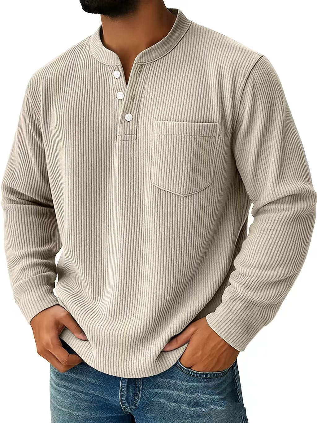 Men’s Cotton & Linen Long-Sleeve Shirt – Casual Breathable Henley