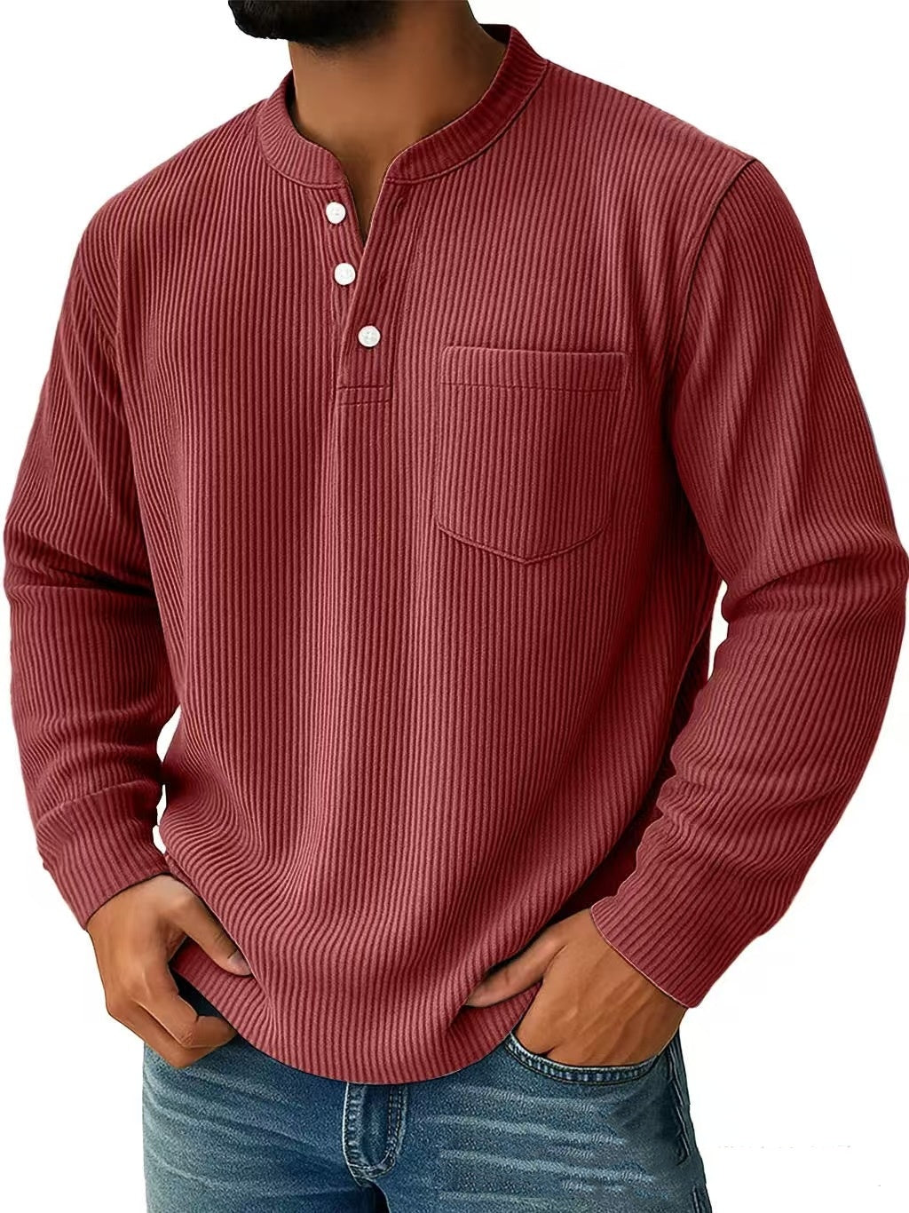 Men’s Cotton & Linen Long-Sleeve Shirt – Casual Breathable Henley
