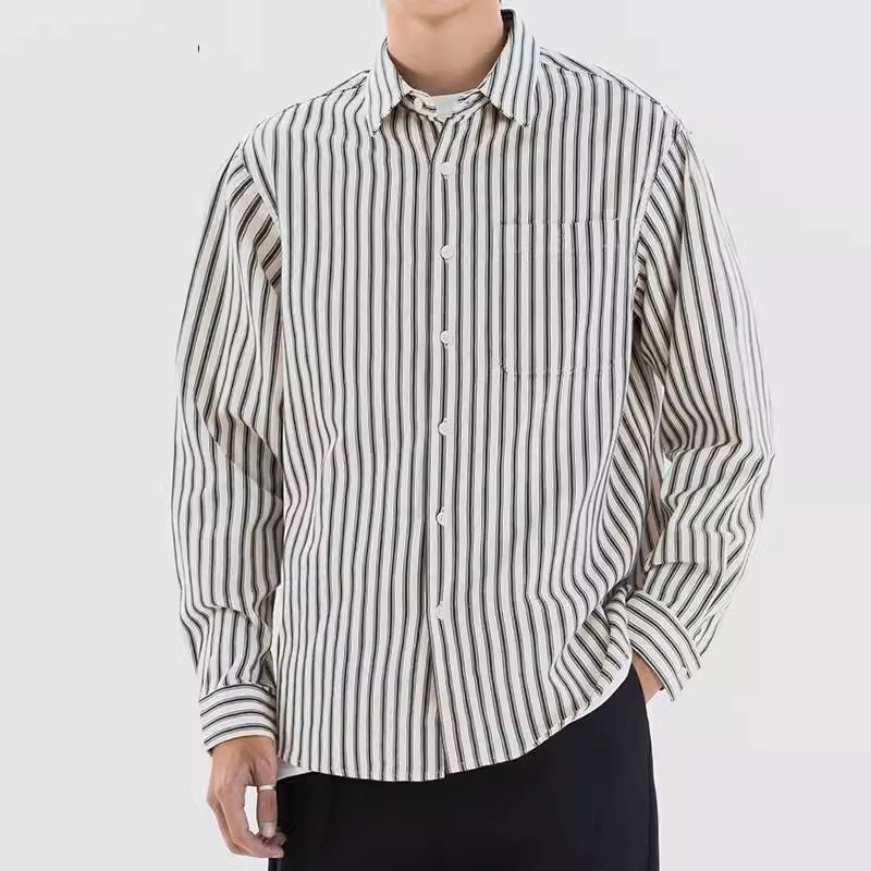 Men’s Vertical Striped Long-Sleeve Shirt – Casual Smart Streetwear