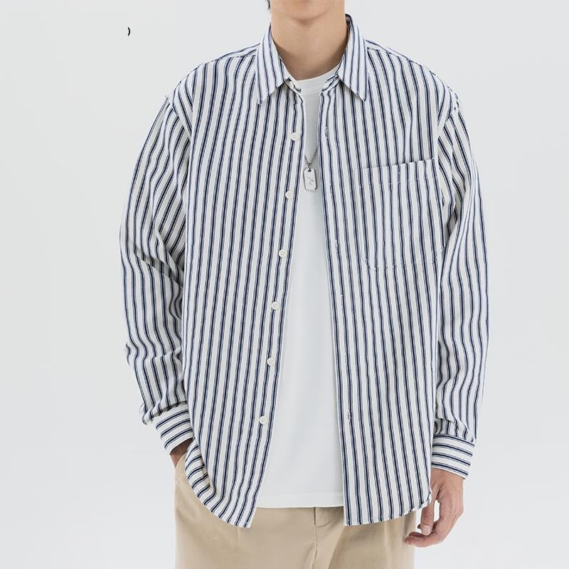 Men’s Vertical Striped Long-Sleeve Shirt – Casual Smart Streetwear