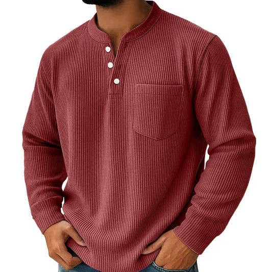 Men’s Cotton & Linen Long-Sleeve Shirt – Casual Breathable Henley