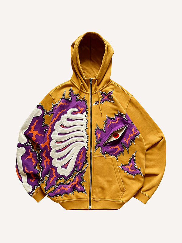 Men’s Graphic Zip-Up Hoodie – Skeleton Print Streetwear Hooded Jacket