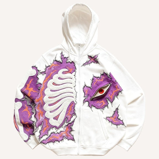 Men’s Graphic Zip-Up Hoodie – Skeleton Print Streetwear Hooded Jacket